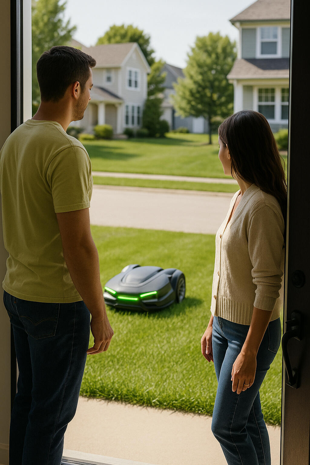 Stillwater, MN, homeowners watching robot mower from front door